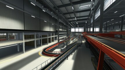 Obraz premium A modern industrial facility showcasing a spacious interior with conveyor systems and storage areas.