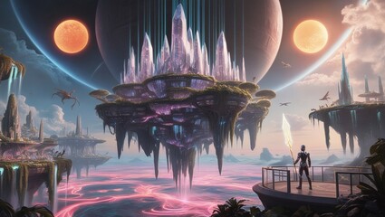 Ethereal alien city suspended between twin suns
