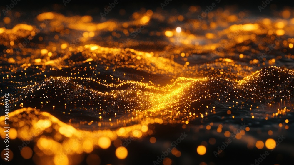 Poster a shimmering, abstract representation of flowing waves with glowing particles.