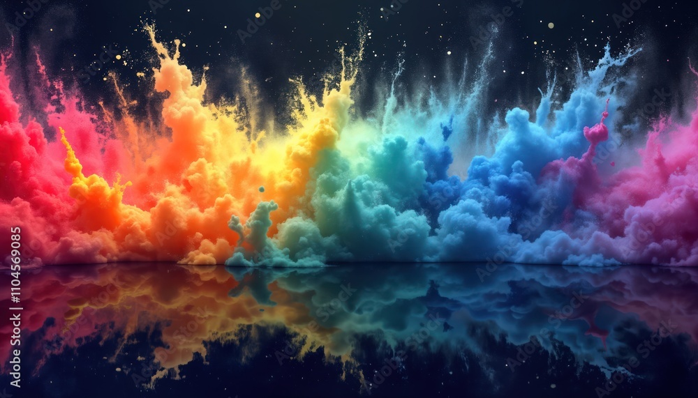 Poster Abstract colorful explosion reflected in dark surface. Vivid rainbow colors explode, spread. Dynamic tech art. Generative AI creation. Creative design. Inspiring, vibrant. Abstract colorful patterns.