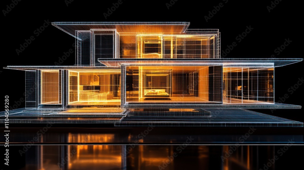Poster a futuristic architectural design rendered in a wireframe style with glowing elements.