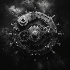 A detailed close-up of a metallic gear mechanism surrounded by wisps of smoke, Ideal for themes of engineering, invention, or the industrial revolution, suitable for various media projects,