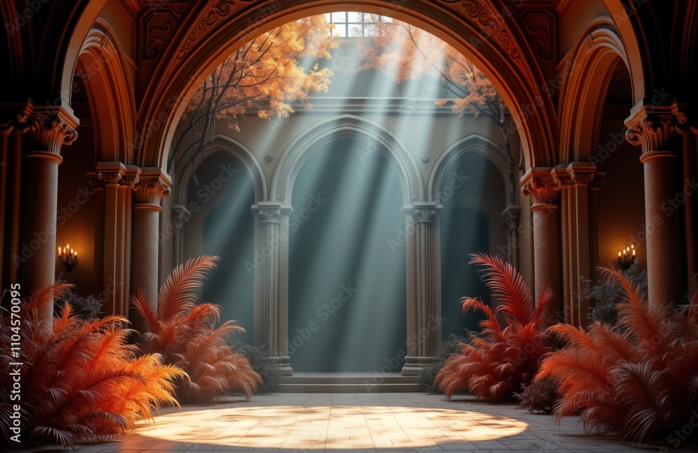 Aufkleber Empty ornate courtyard with columns, arches. Sunlight streams through arched openings. Decorative orange plants surround area. Classic style with mystical feel. Suitable for theatre opera backdrop.