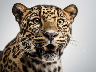 Naklejka premium A close-up shot of a leopard showcasing its striking fur patterns and expressive eyes, This image is perfect for wildlife-related articles, educational materials, and nature-themed projects,