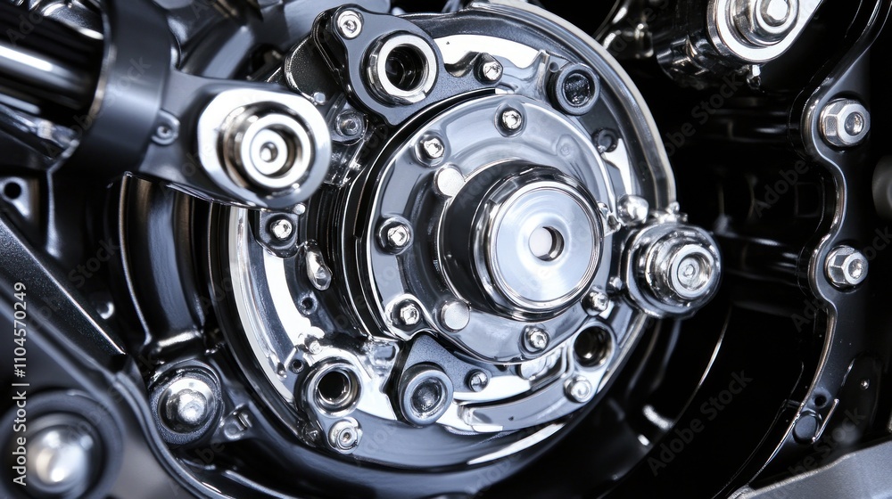 Poster close-up of a metallic engine component showcasing intricate design and engineering.
