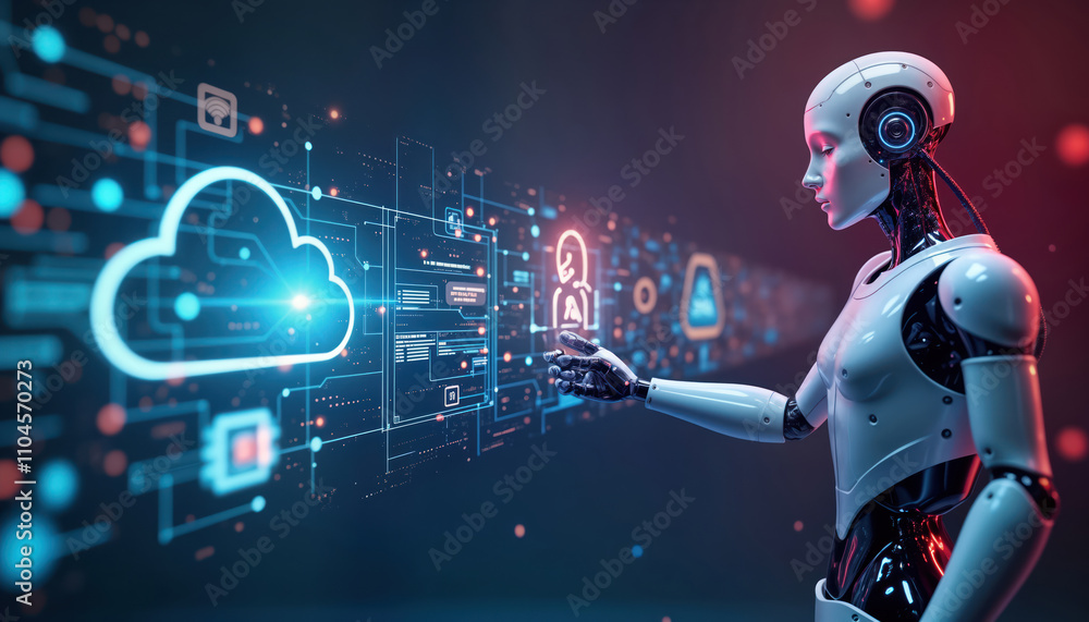 Aufkleber Futuristic robot arm interacts with digital cloud tech, data visuals. Humanoid robot hand points towards abstract digital cloud, tech symbols. Illustration features 3D images of tech concepts. Modern