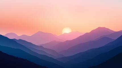 Obraz premium Sunset casts warm hues over a serene mountain range, revealing layers of peaks and valleys. The quiet beauty of nature evokes peace and inspiration in this captivating setting