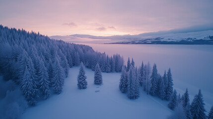 Fototapeta premium Aerial view of stunning winter landscape showcases snow-laden evergreen trees surrounding tranquil lake, reflecting soft light as twilight descends over the peaceful scene. Drone shot