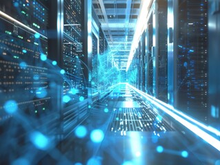 A futuristic data center corridor with glowing data streams and server racks.