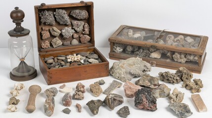Vintage Collection of Unique Geodes, Fossils, and Natural Stones Displayed with Antiques and Timepiece for Nature Lovers and Collectors