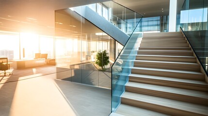 Obraz premium Modern office interior with stairs, large windows, and natural light.