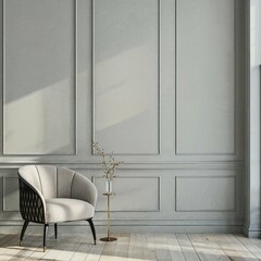 Modern interior design of a living room in an apartment, modern interior details from a window against a background of grey walls.
