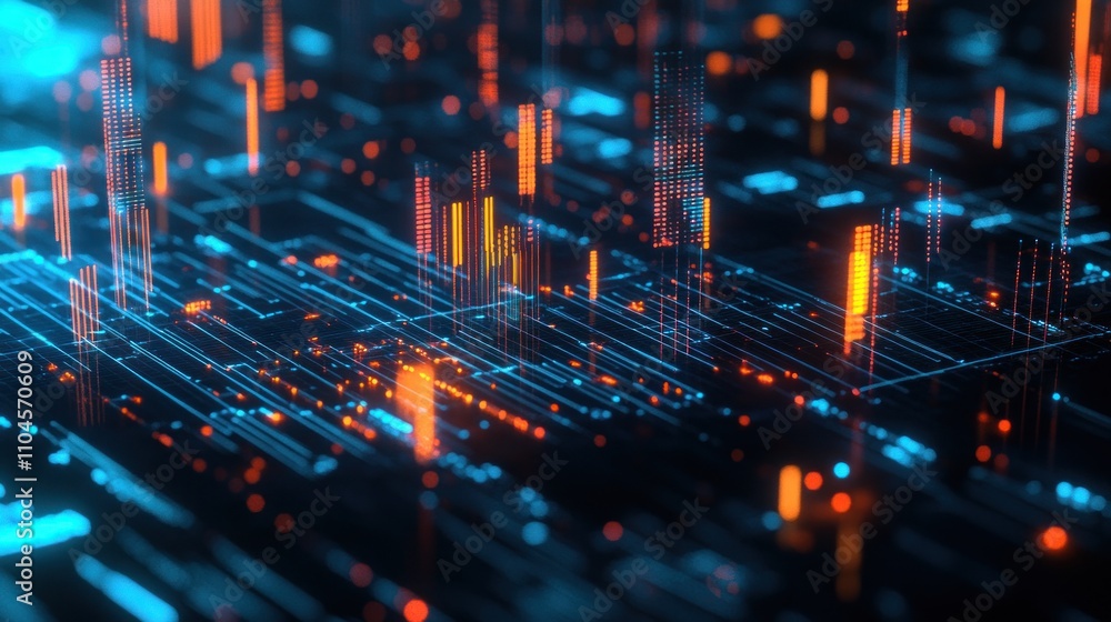 Poster abstract digital landscape with glowing lines and data visualizations.