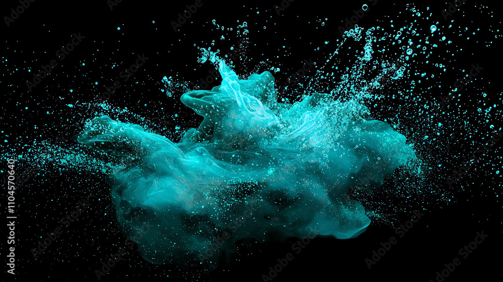 Poster splash of glowing turquoise water particles creating a mesmerizing visual effect