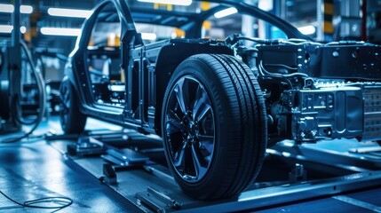 Fototapeta premium A close-up of a car chassis in a factory, showcasing its wheel and structural components.