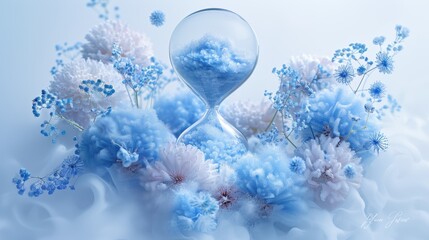 Ethereal Hourglass Surrounded by Soft Blue Flowers and Delicate Textures in a Dreamlike Atmosphere, Symbolizing Time and Nature's Beauty