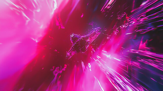 Vibrant neon motion blur depicting a journey through a cosmic landscape filled with pink and purple hues