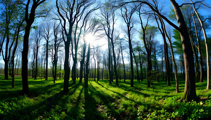 Panorama of a natural forest in spring with bright sun shining through the trees isolated with white highlights, png