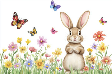 Cute rabbit among flowers and colorful butterflies, white background