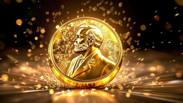 Nobel prize award celebration with gold medal in dynamic chaos theme