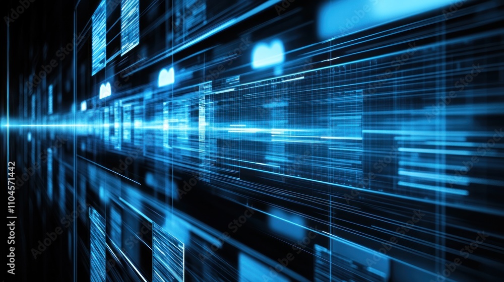 Poster abstract digital data flow with blue light effects, representing technology and connectivity.