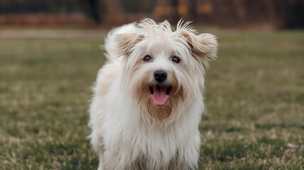 A small white dog stands in the grass with its tongue out