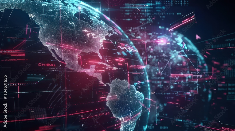 Poster a digital representation of earth with data overlays and glowing network connections.