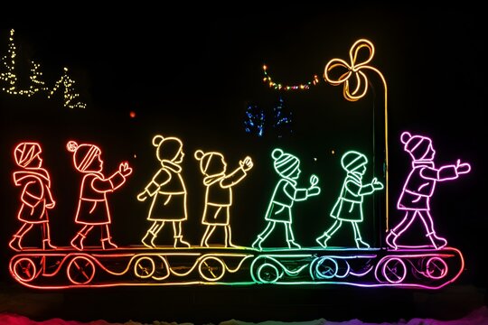 A whimsical digital artwork featuring neon-traced children in winter outfits greeting a vibrant parade float against a dark backdrop.