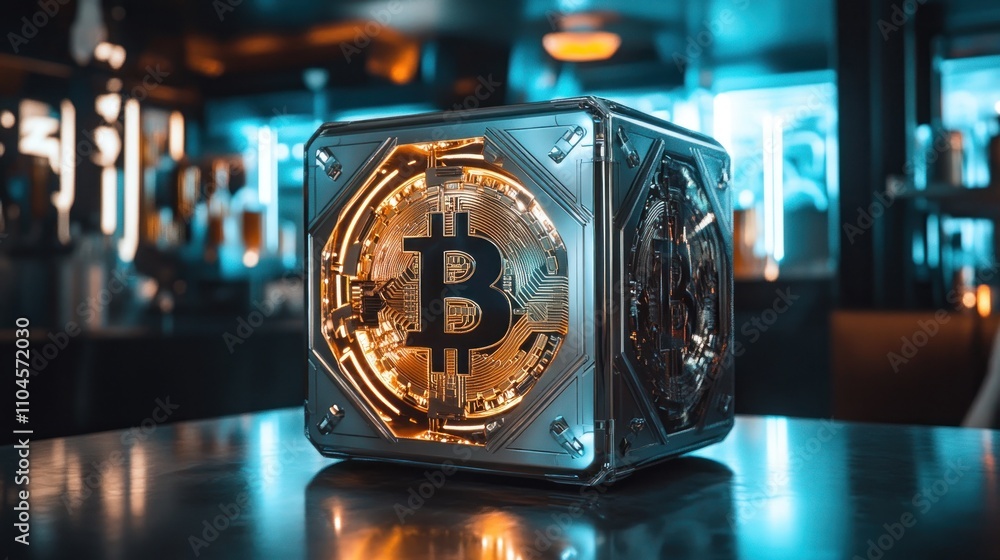 Aufkleber a futuristic bitcoin cube illuminated in a modern bar setting.