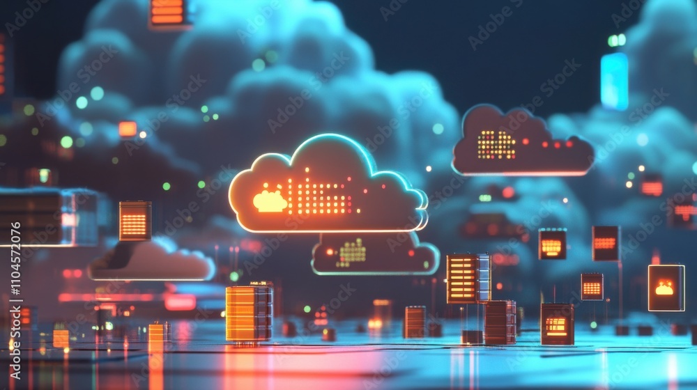 Poster digital cloud computing data management concept in vibrant colors