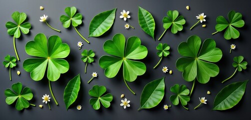 Flat lay design with vibrant green four-leaf clovers, small white flowers on dark gray background. Fresh plant elements create festive St Patricks Day theme for cards marketing materials. Stylish