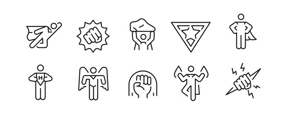 Superhero icons. Set of 10 superhero trendy minimal icons. Example: Bomb, Flying, Fist, Mask, Cape icon. Design signs for web page, mobile app, packaging design. Vector illustration