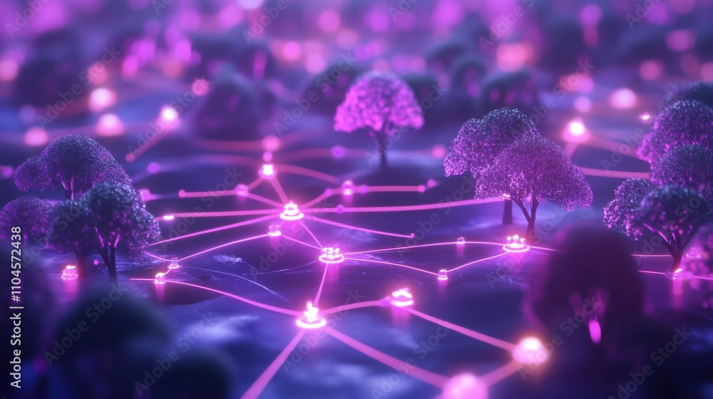 Poster abstract digital landscape with neon trees and connecting lines