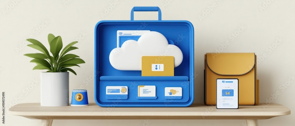 Poster a stylized display featuring cloud storage elements and devices on a shelf.