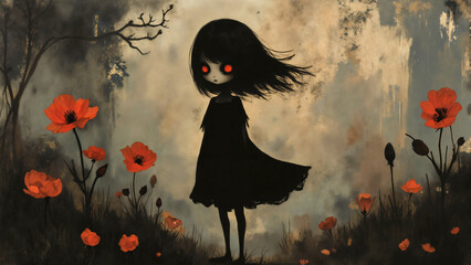 Silhouette of a bereaved Gothic girl with red eyes standing in a gloomy field of poppy flowers while the winds of sorrow blows her black hair and dress