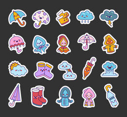 Set of cute rainy season collection with friendly kawaii weather characters including clouds, umbrellas, raincoats, rubber boots, and playful elements for joyful moments