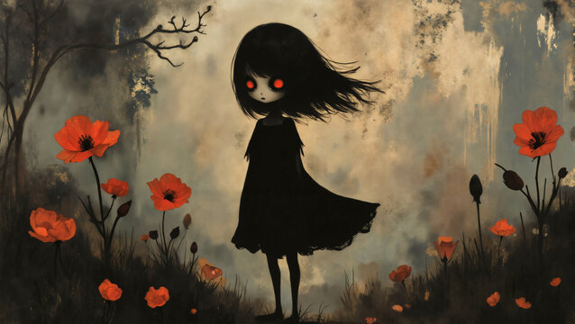 Silhouette of a bereaved Gothic girl with red eyes standing in a gloomy field of poppy flowers while the winds of sorrow blows her black hair and dress