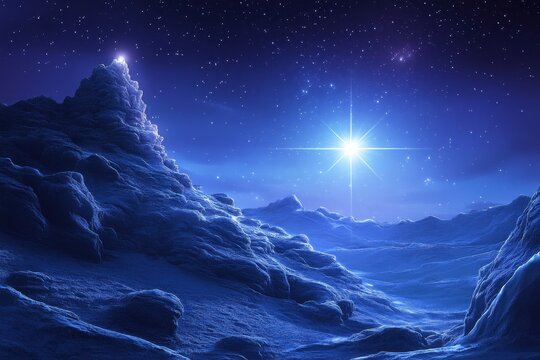 Bright golden Star of Bethlehem glowing in a deep blue starry night sky symbolizing divine guidance and Christmas inspiration