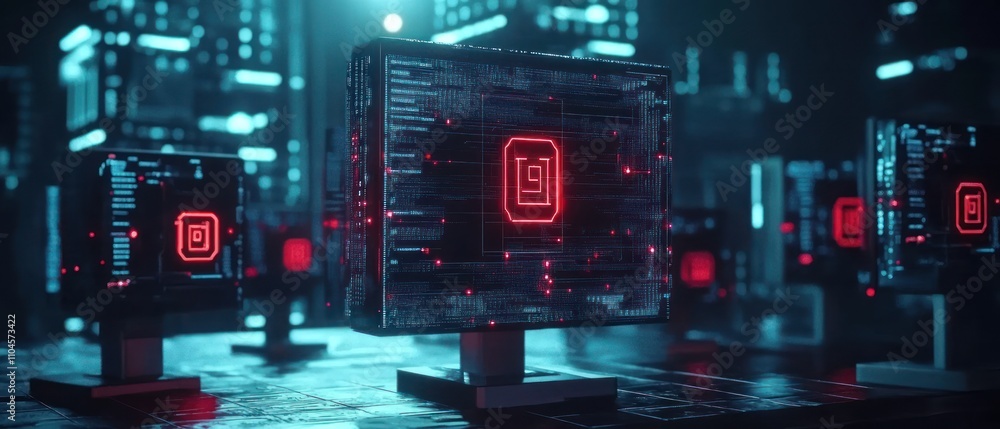 Poster futuristic digital landscape with glowing monitors displaying data patterns.