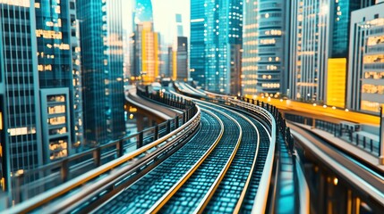 Obraz premium A futuristic cityscape featuring a winding railway amidst skyscrapers and illuminated buildings.