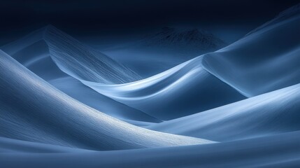 Serene Blue Snowy Landscape with High Rolling Dunes Captured at Night under a Moonlit Sky, Highlighting the Smooth Curves and Soft Shadows of the Snow