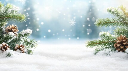 Serene Winter Landscape with Snow-Covered Ground, Pine Branches, and Pine Cones Against a Soft Blurred Background of Snowfall and Frosted Trees