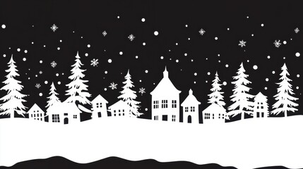 Naklejka premium Beautiful Winter Scene with Silhouetted Houses, Trees, and Snowflakes Against a Dark Background, Perfect for Holiday and Seasonal Designs