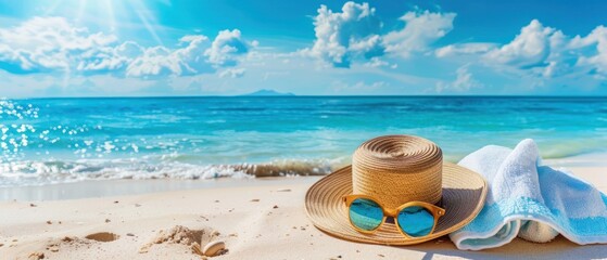 Obraz premium A relaxing beach scene with sunglasses, a straw hat, and a towel on the sand.