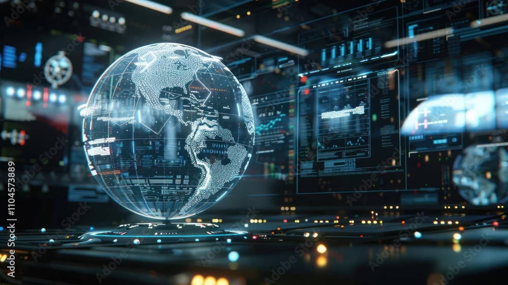 Poster a digital globe surrounded by data displays, representing technology and global connectivity.