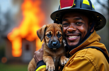 African American firefighter rescues puppy from burning house. Firefighter holds puppy close. Burning house background. Firefighter happy. Rescuer heroic. International firefighters day. Photo of