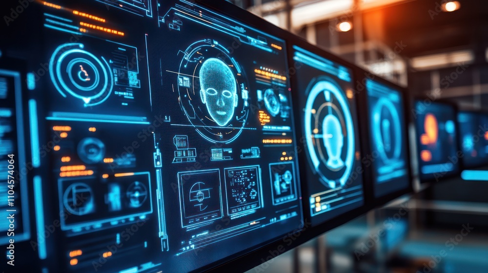 Poster futuristic display of digital interfaces showcasing facial recognition technology.