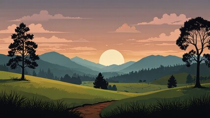 Serene sunset over rolling hills and mountains.