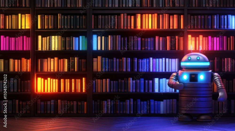 Poster robot standing in front of colorful bookshelves in modern library