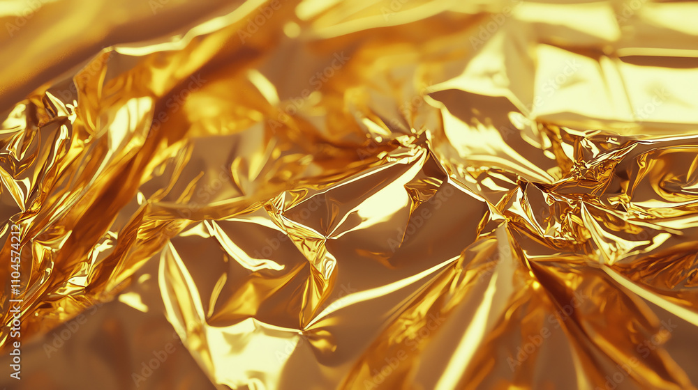 Aufkleber foil texture with crinkled appearance on a plain gold background reflecting light and creating intri